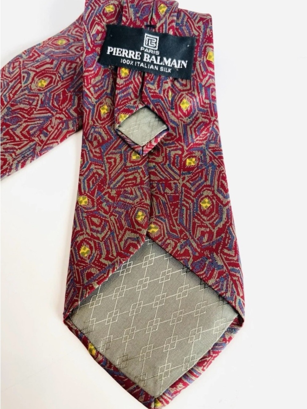 PIERRE BALMAIN-Paris Necktie Italian Silk 100% Abstract Pattern Red Gold 3.7x59
